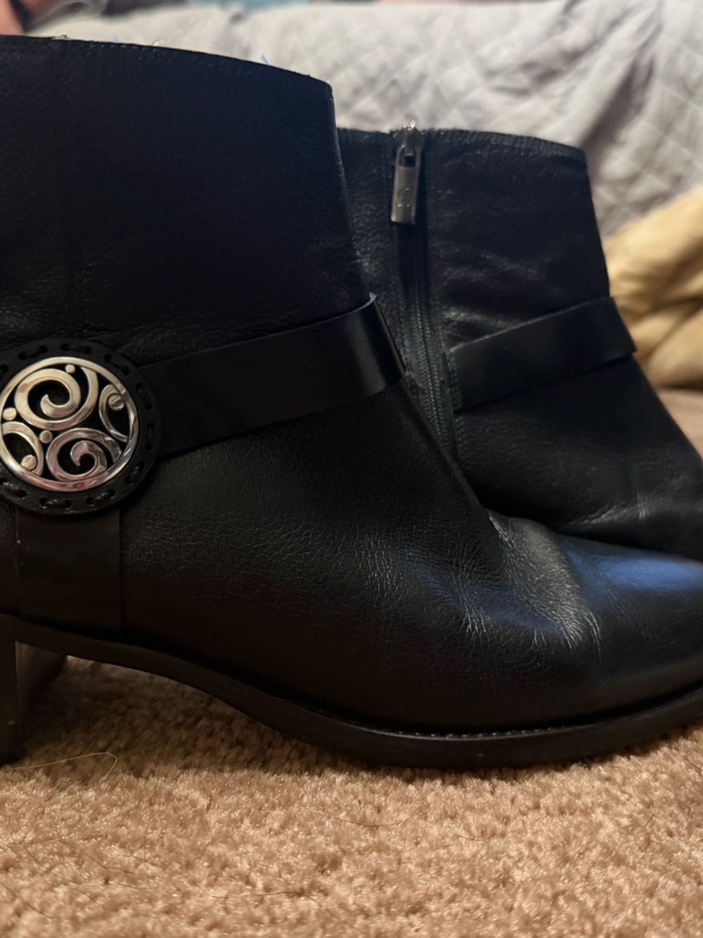 Brighton Black Leather Ankle Booties with Silver Medallion